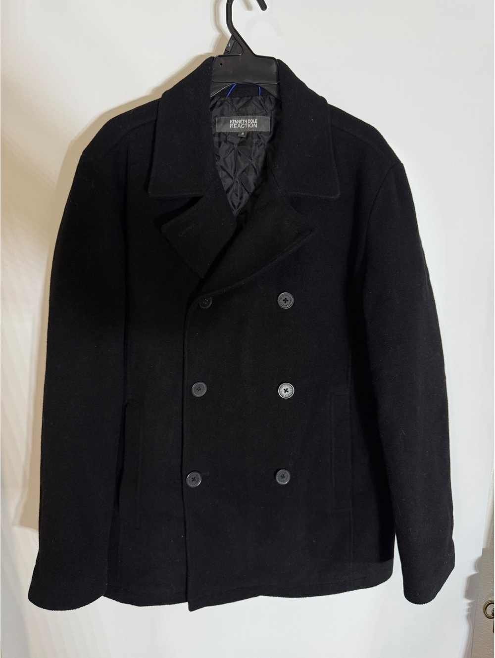 Kenneth Cole Reaction Men’s Black Wool Blend Double Breasted Pea Coat Size M - Picture 2 of 8